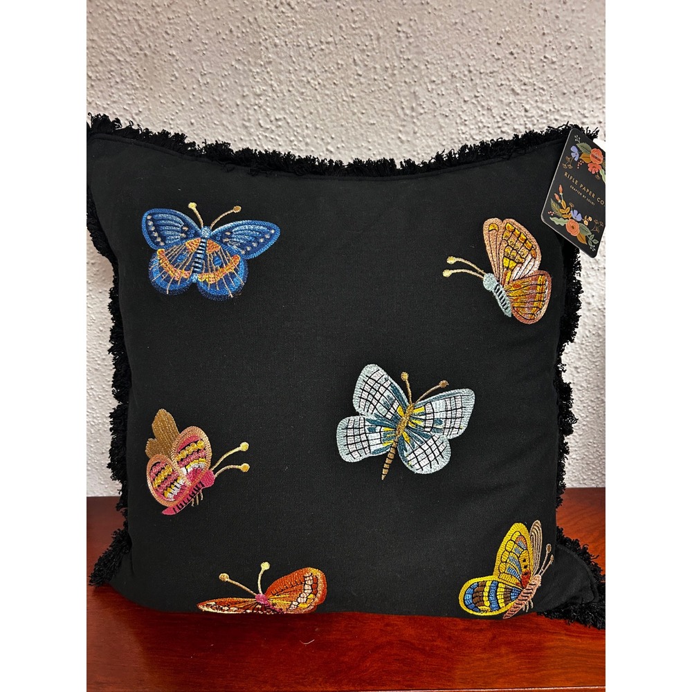 Rifle Paper Co Loloi Butterfly Embroidered Throw Pillow Black Down Feather 18x18